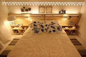 Pallet Headboard with Lights & Shelves
