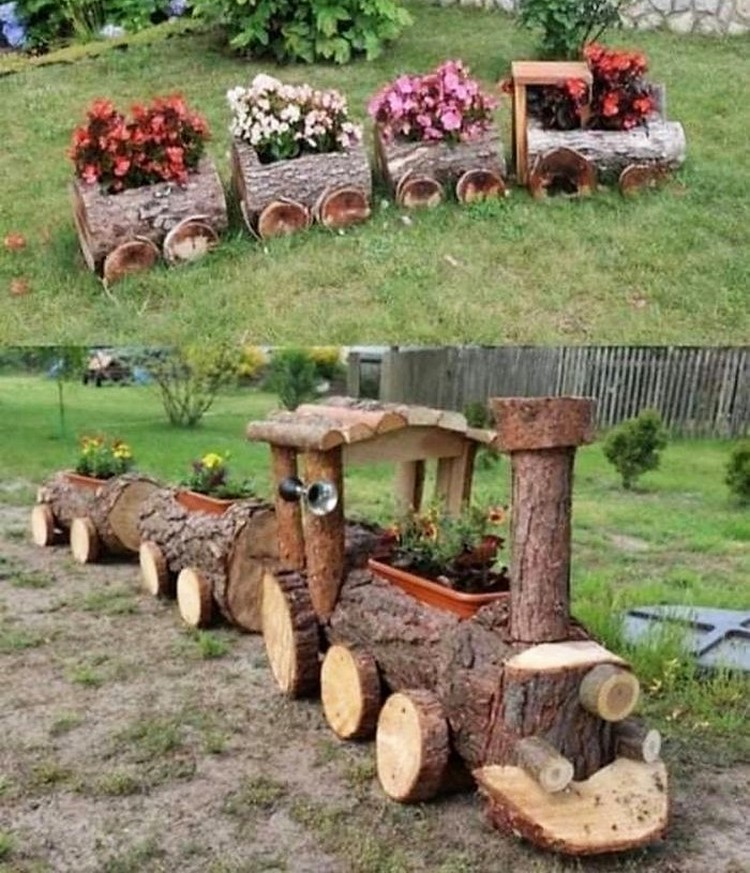 Log Wood Train Planter