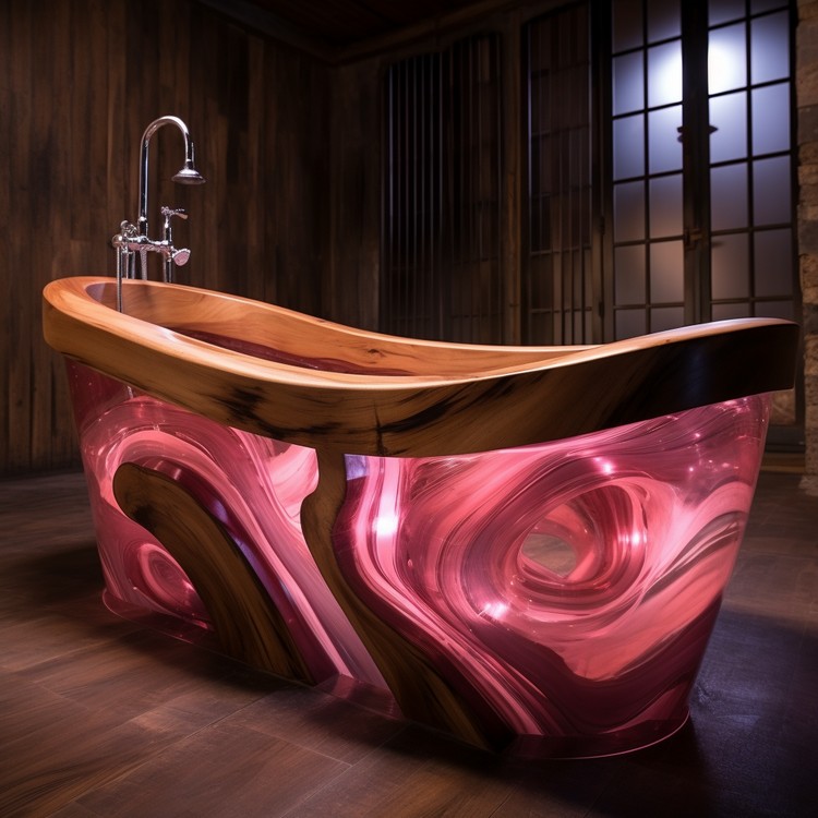 Wood and Epoxy Pink Colored Bathtub (1)