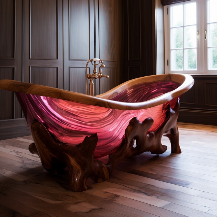 Wood and Epoxy Pink Colored Bathtub (7)